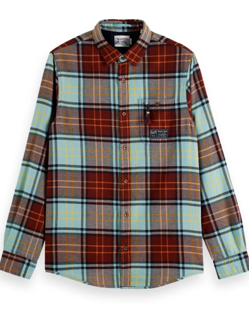 Rare Scotch & Soda Orange and Aqua Pocket Tassel Button Down Flannel Shirt Sz M
